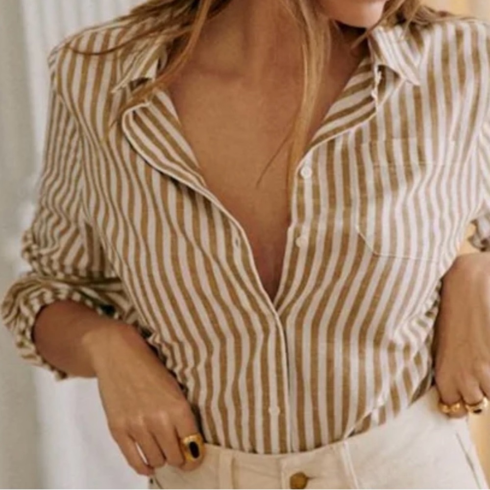 Sézane brown and white striped button up long sleeve shirt size 32 US XS